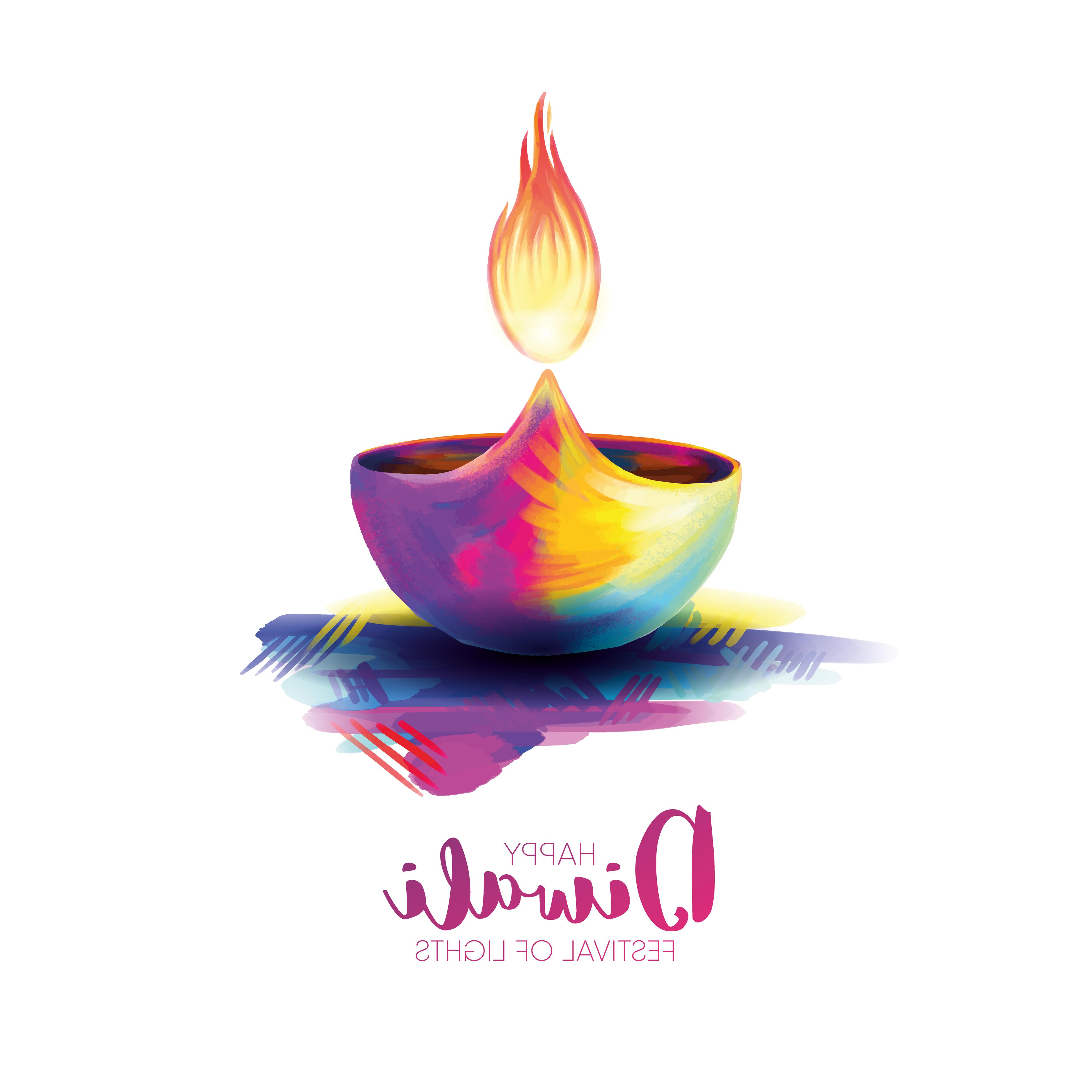 A colorful painted-style diya with the caption "Happy Diwali Festival of Lights"